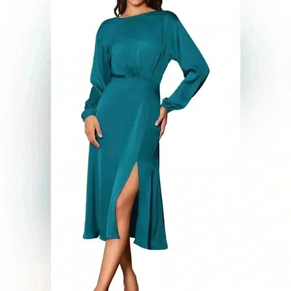 GRACE KARIN Long Sleeve Satin With Slit Elegant Boat Neck High Waist Midi Dress - Picture 1 of 8